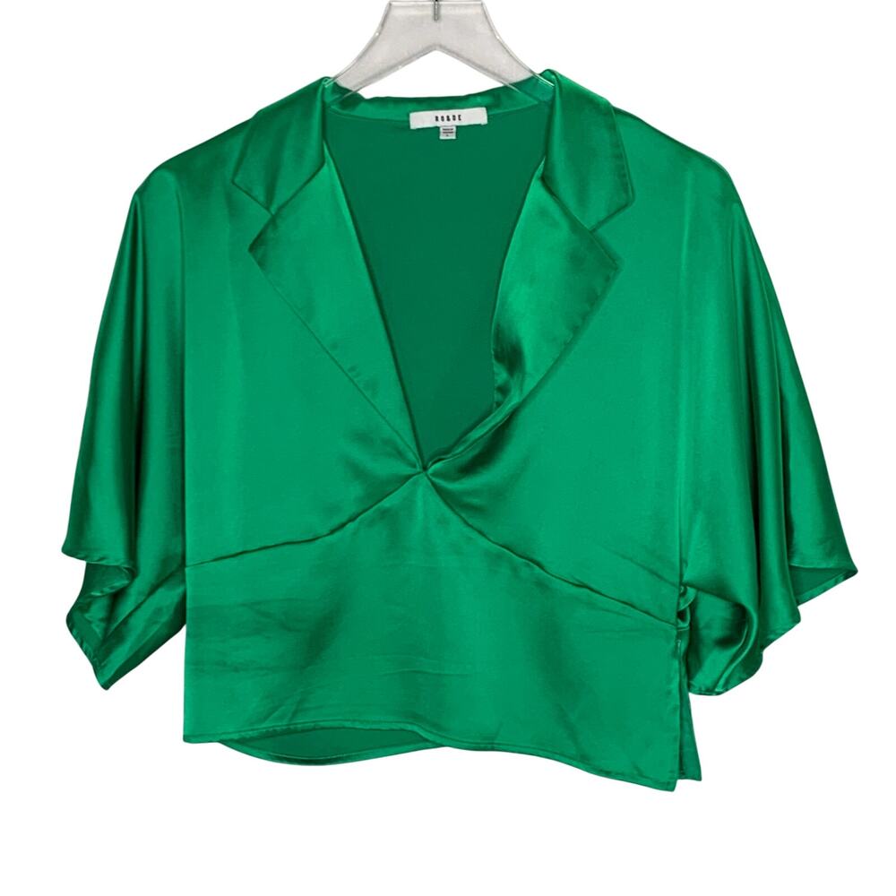 Ro & De Emerald Green Satin Short Sleeve V Neck Top L Relaxed Sleeves